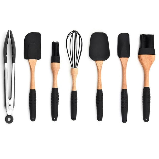 Kit Cozinha em Silicone e Madeira de Carvalho - 11 Peças